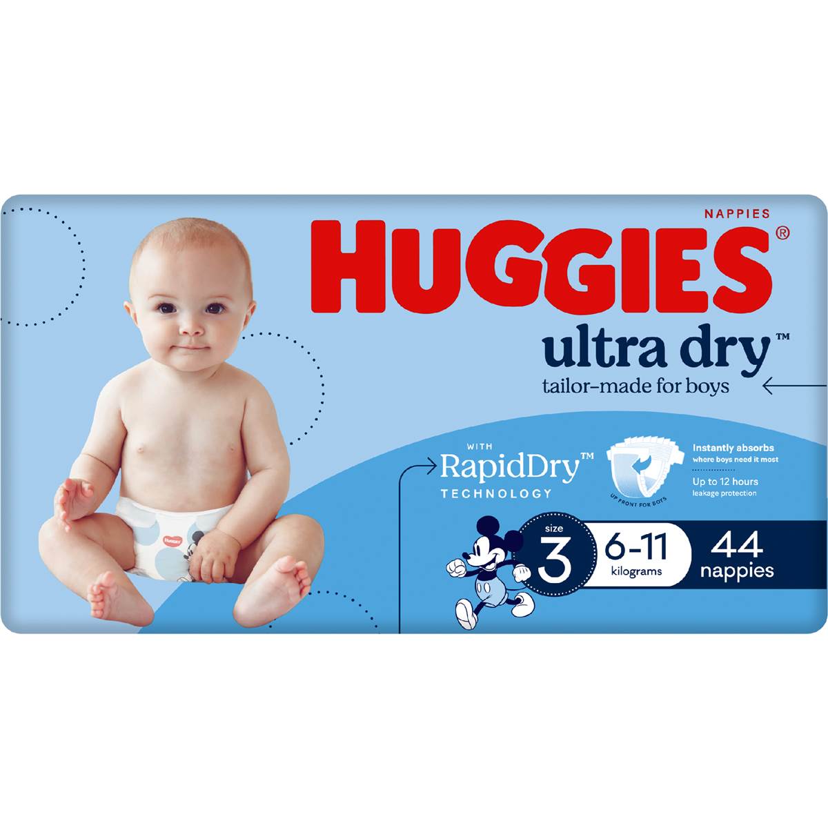 Huggies Ultra Dry Nappies Boys Size 3 (6-11kg) 44 Pack