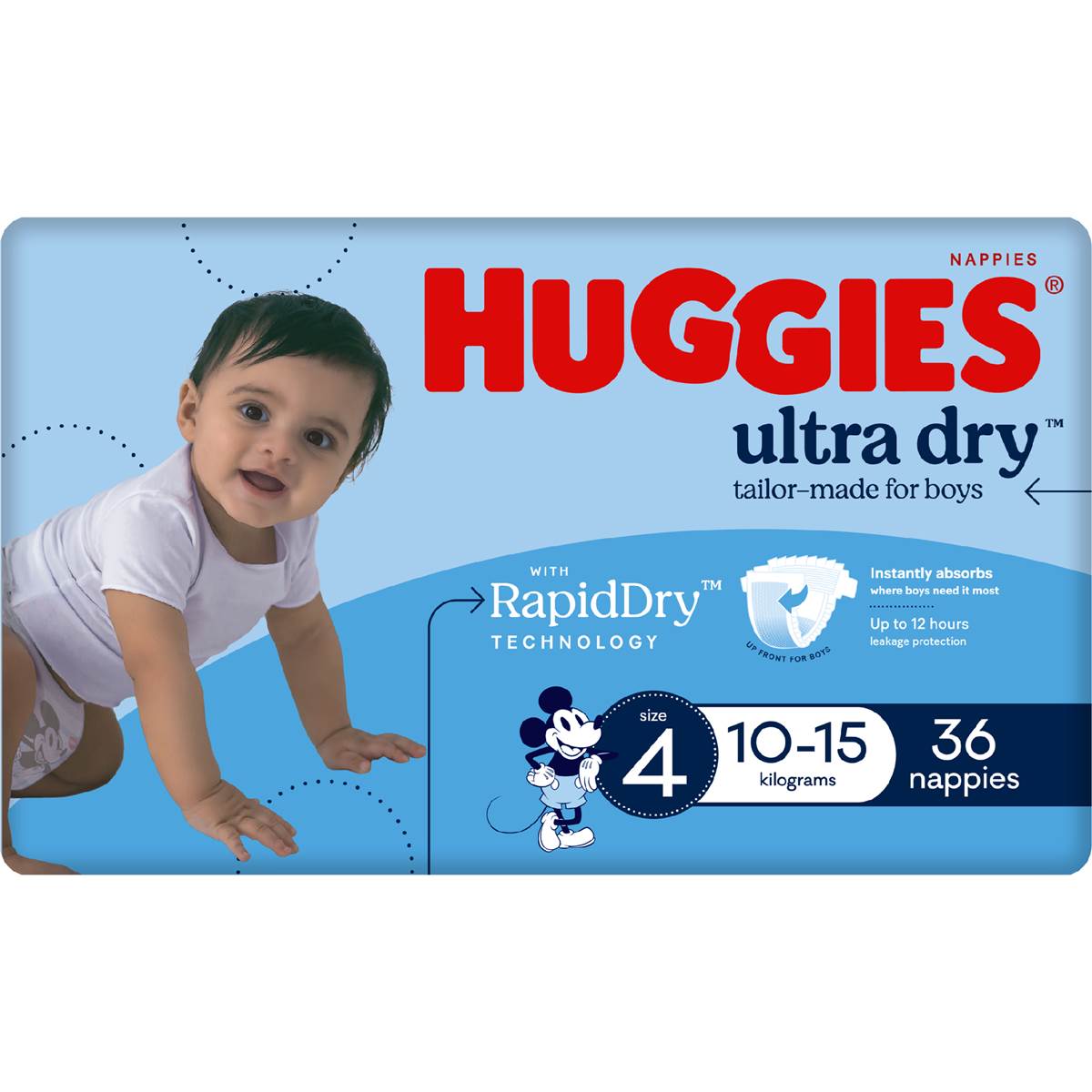 Huggies Ultra Dry Nappies Boys Size 4 (10-15kg) 36 Pack