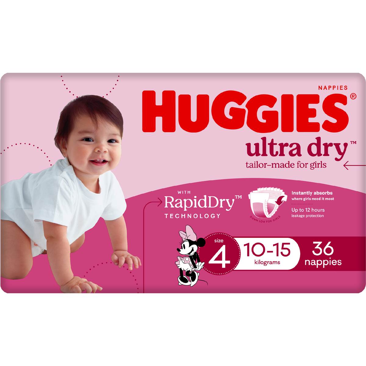 Huggies Ultra Dry Nappies Girls Size 4 (10-15kg) 36 Pack