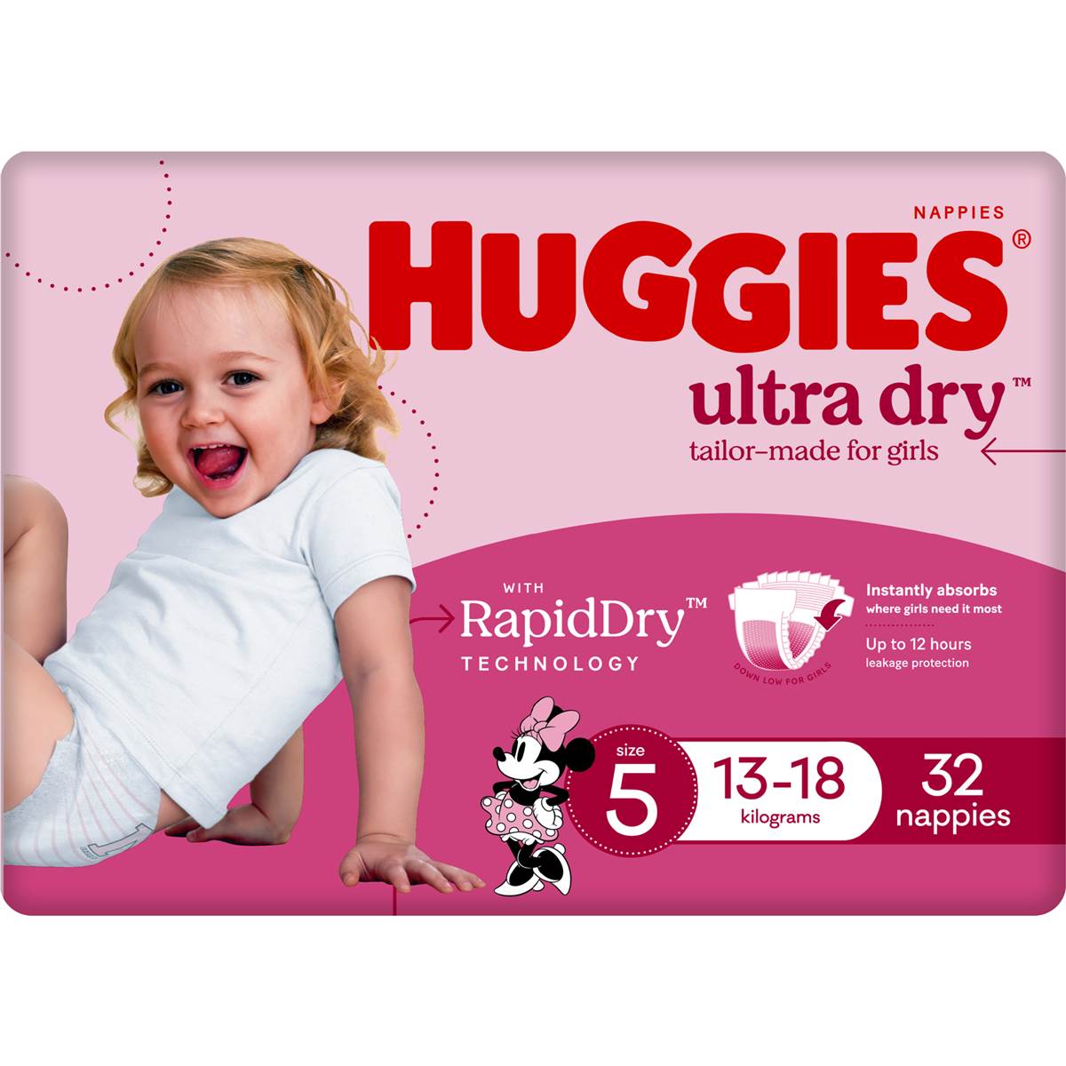 Huggies Ultra Dry Nappies Girls Size 5 (13-18kg) 32 Pack