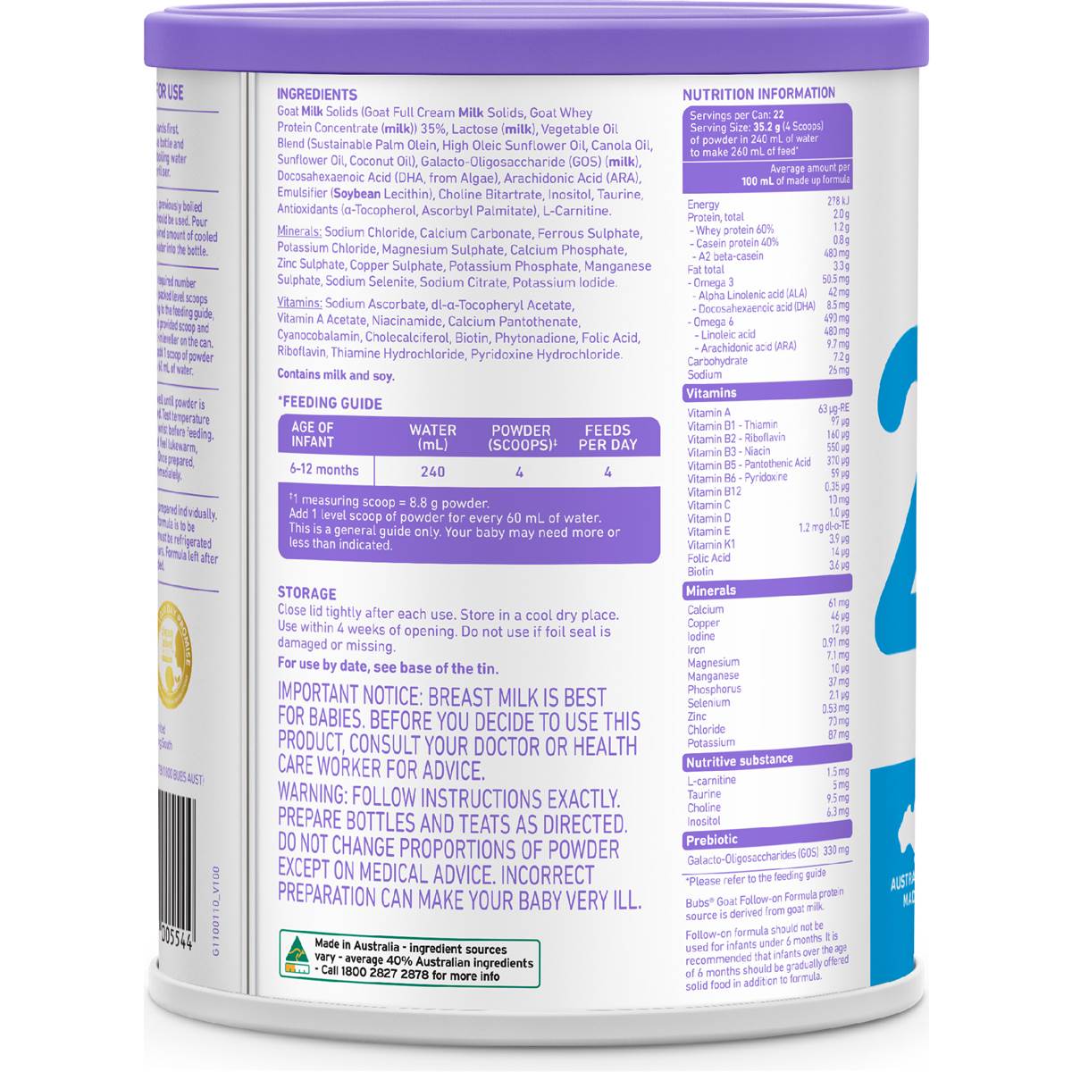 Bubs Goat Stage 2 Formula Stage 2 800g