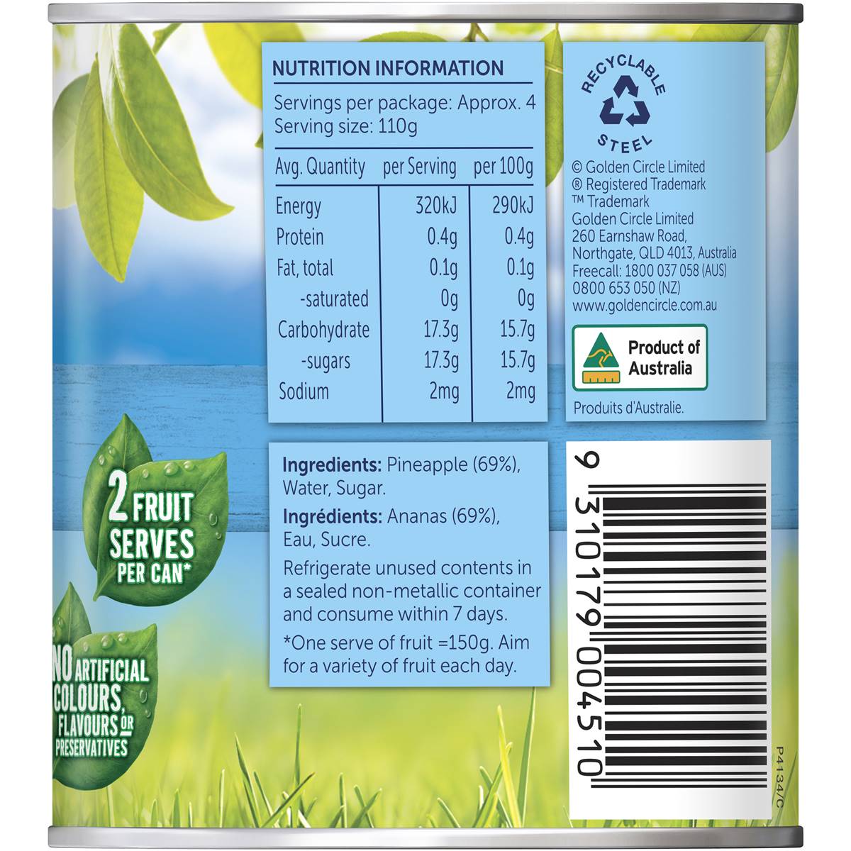 Golden Circle Australian Canned Fruit Tinned Pineapple Pieces in Syrup 450g