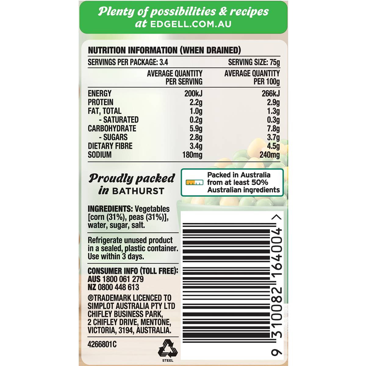 Edgell Baby Peas & Corn Baby Peas & Super Sweet Corn 420g