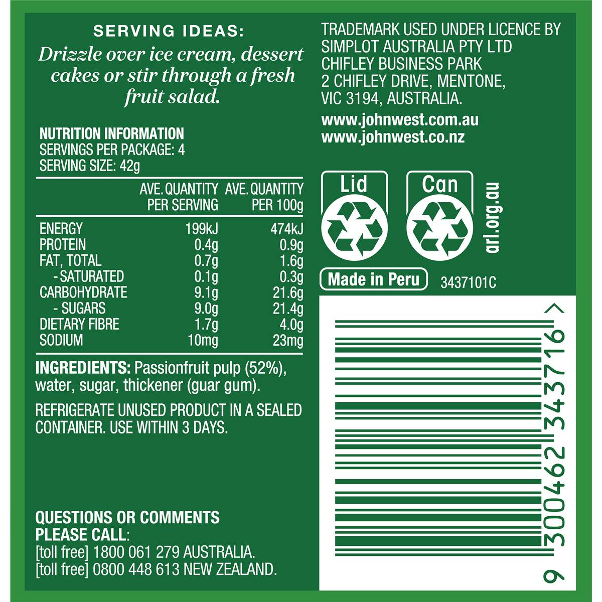 John West Passionfruit Pulp In Syrup 170g