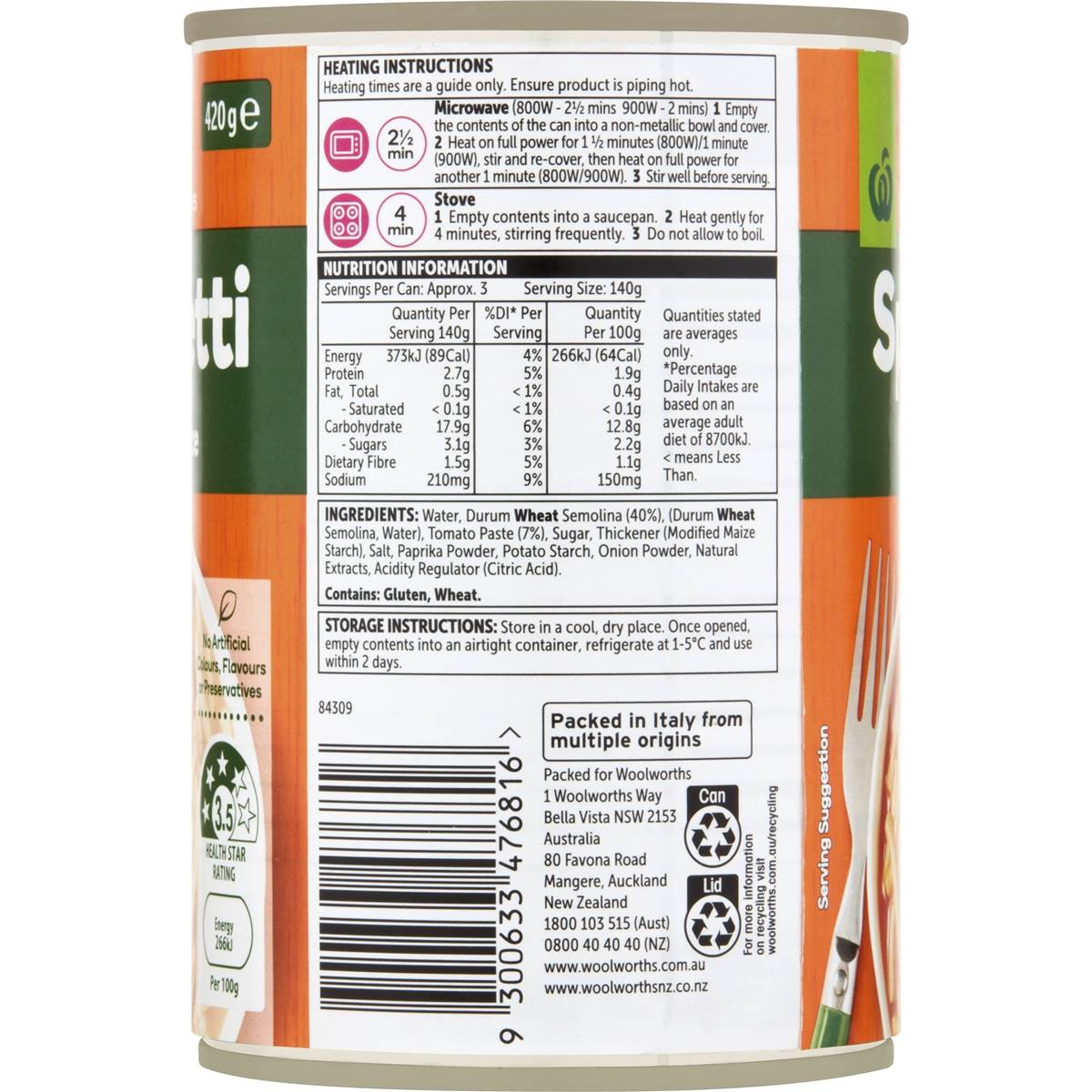 Woolworths Spaghetti In Tomato Sauce 420g