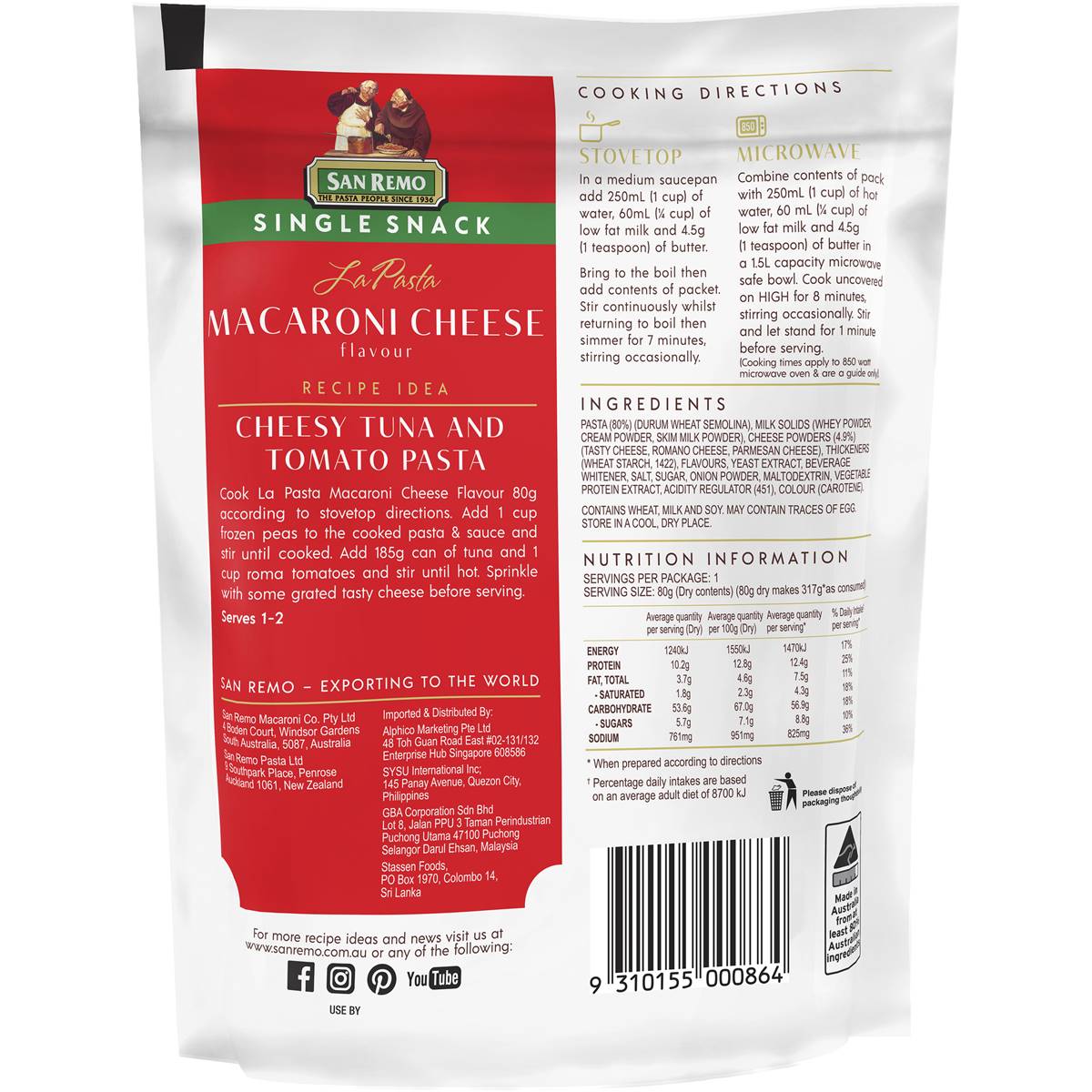 San Remo La Pasta Macaroni Cheese Single Snack 80g