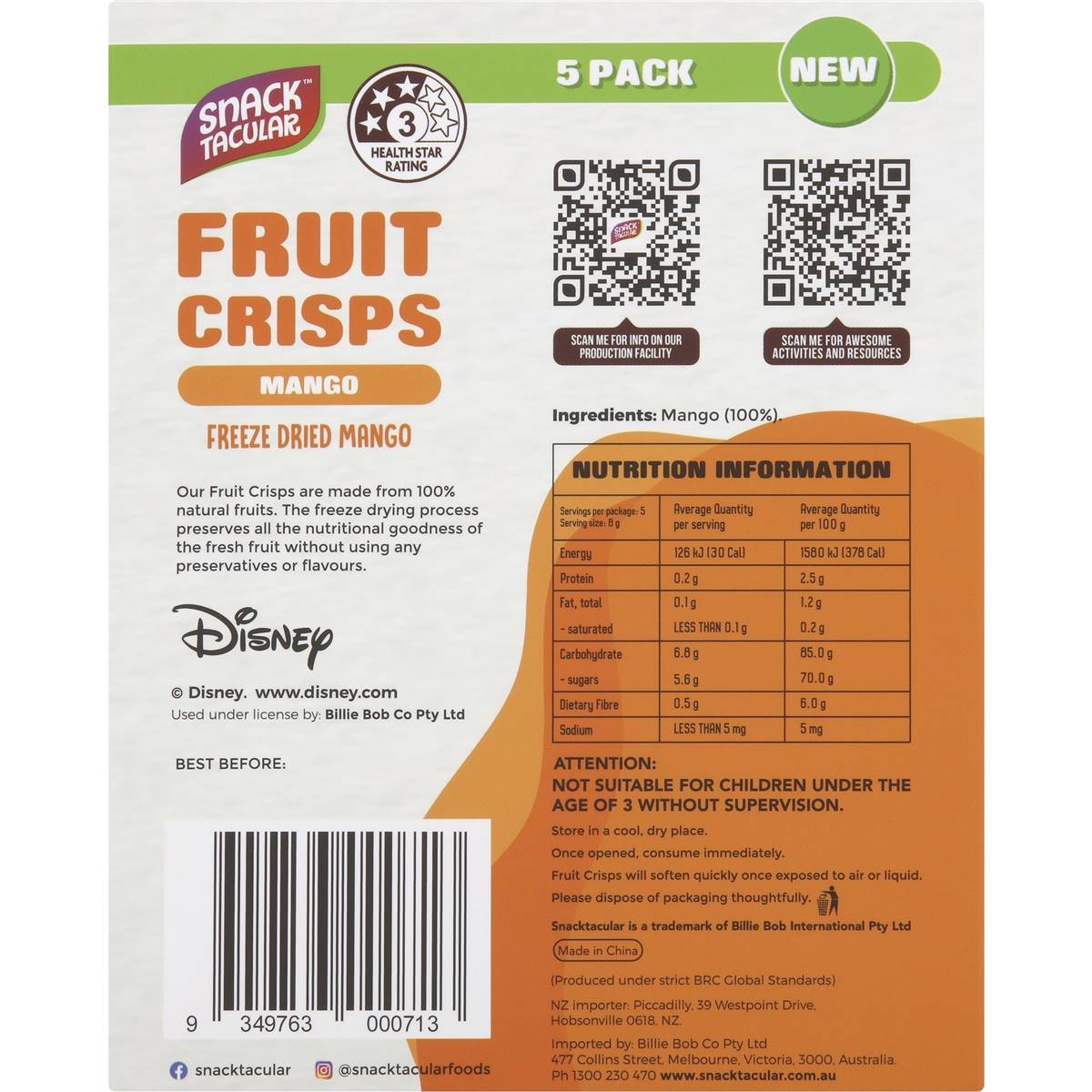 Snacktacular Fruit Crisps Mango 8g x 5 pack