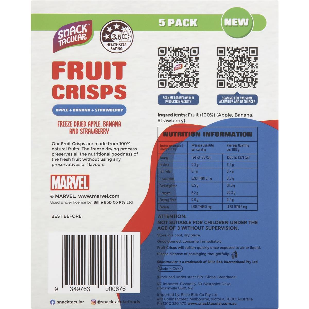 Snacktacular Fruit Crisps Apple Banana & Strawberry 8g x 5 pack