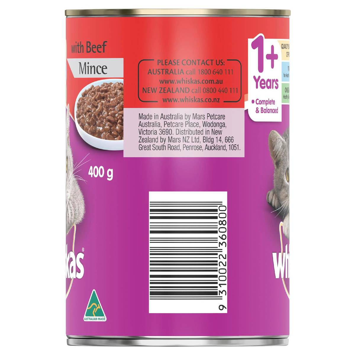 Whiskas Adult 1+ Years Wet Cat Food with Beef Mince Can 400g