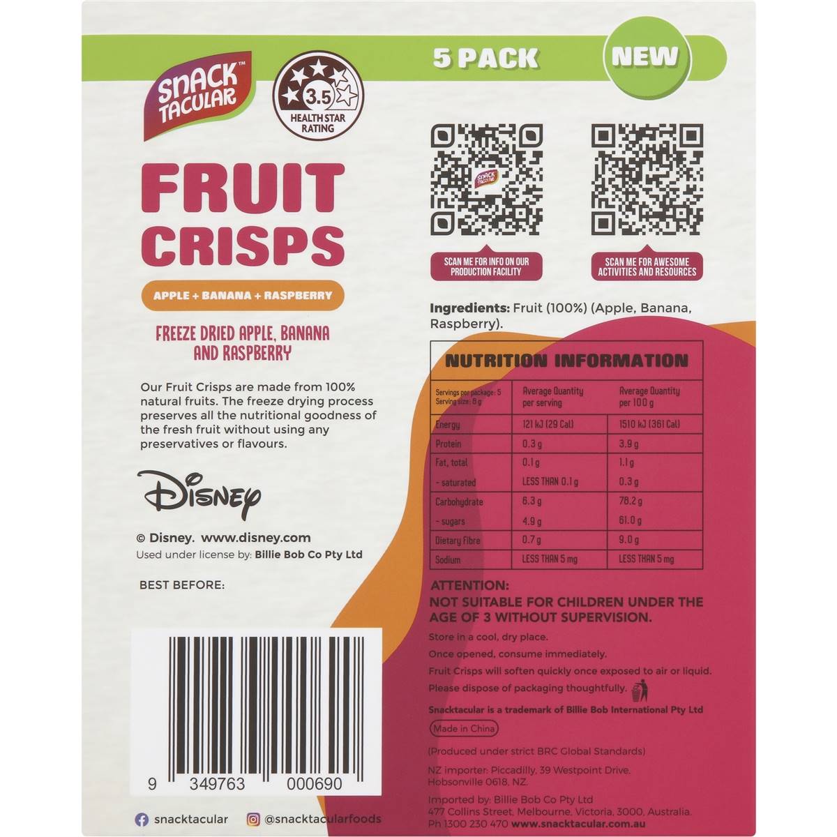 Snacktacular Fruit Crisps Apple Raspberry & Banana 8g x 5 pack