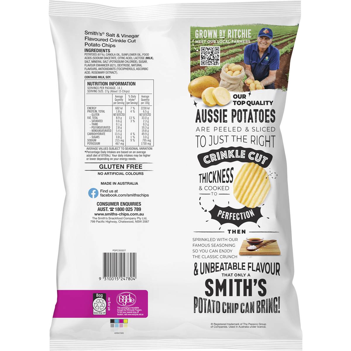 Smith's Crinkle Cut Potato Chips Party Bag Salt & Vinegar 380g