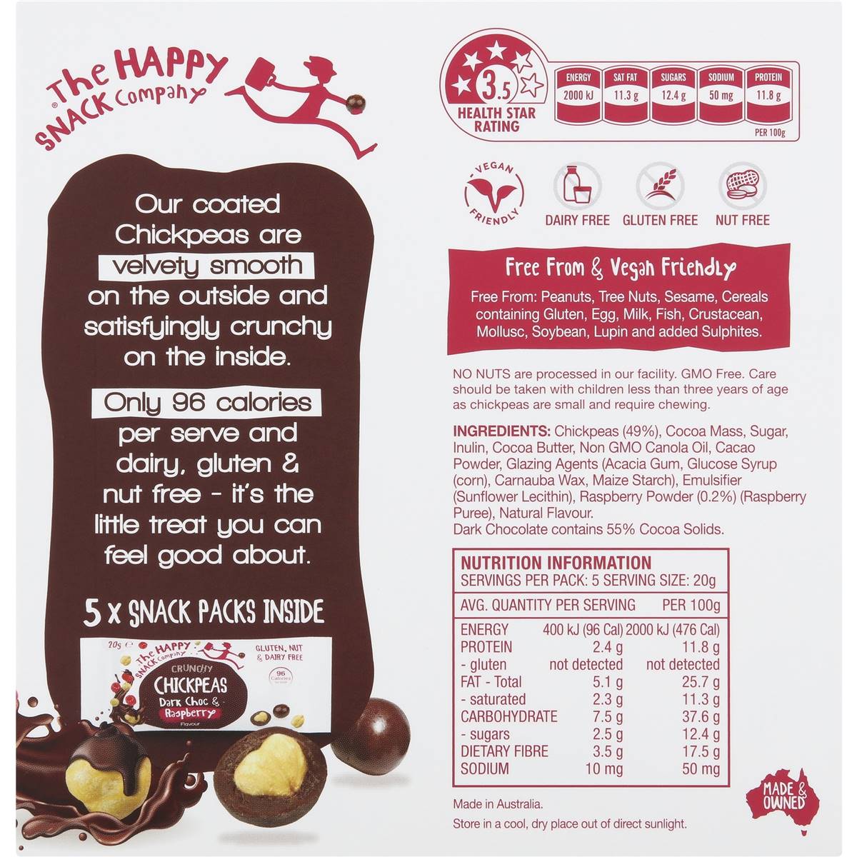 The Happy Snack Company Chickpeas Dark Choc And Raspberry 5 Pack