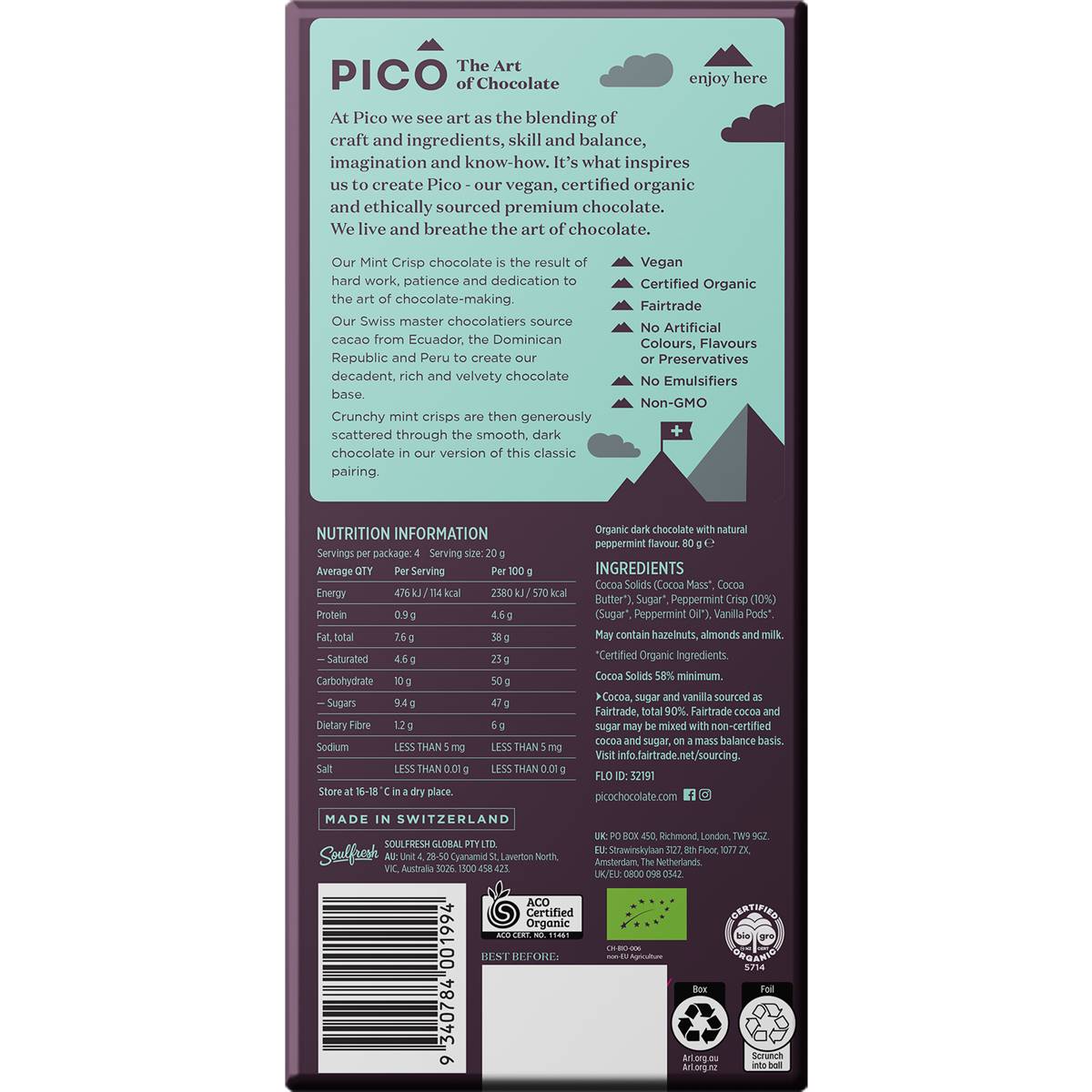 Pico Organic Vegan Chocolate Mint Crisp 80g