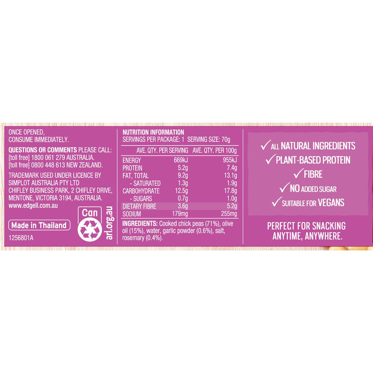 Edgell Snack Time Chickpea Olive Oil Garlic & Rosemary 70g