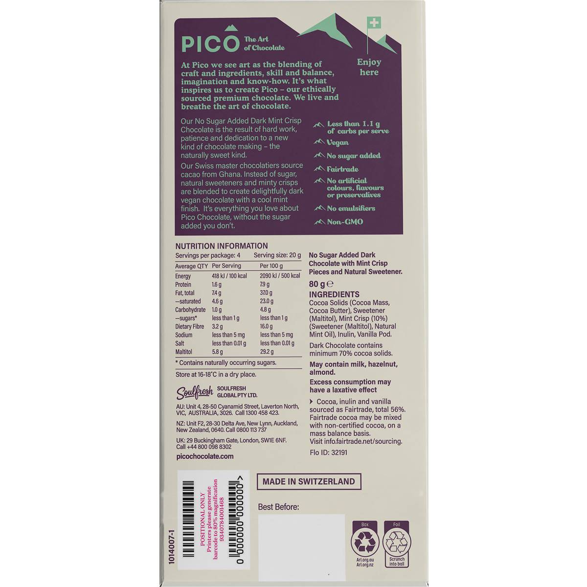 Pico No Sugar Added Dark Chocolate Bar Mint 80g