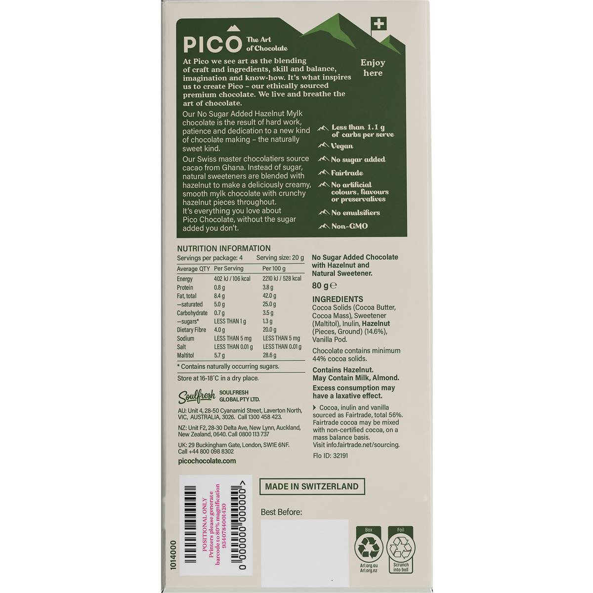 Pico No Added Sugar Vegan Chocolate Hazelnut 80g