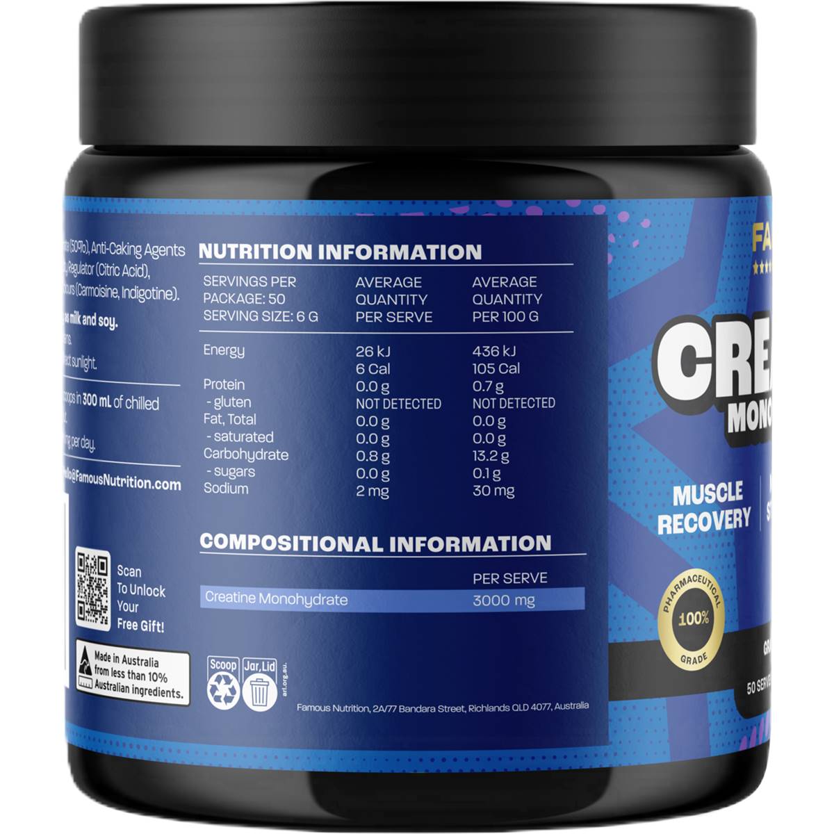 Famous Nutrition Sport Creatine Monohydrate Powder Grape 300g