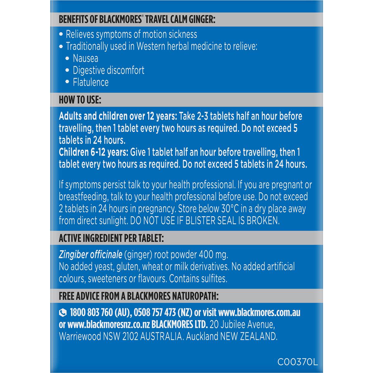 Blackmores Travel Calm Ginger Anti-Nausea Vitamin Tablets 45 Pack