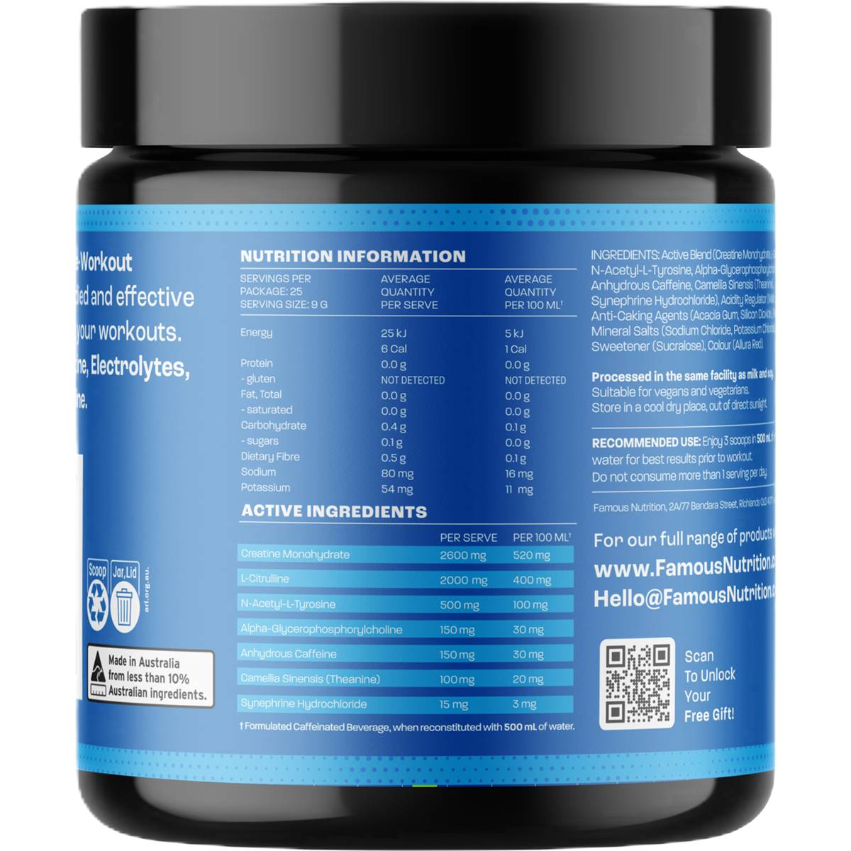 Famous Nutrition Sport Pre Workout Caffeine Energy Powder Watermelon 225g