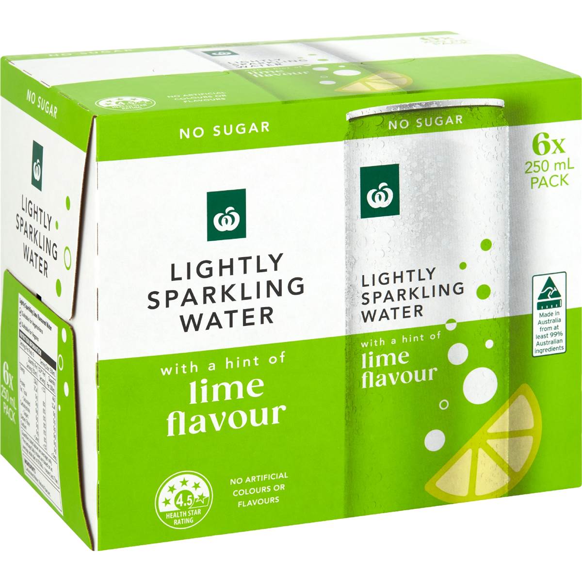 Woolworths Lightly Sparkling Water Cans Lime 250mL x 6 pack