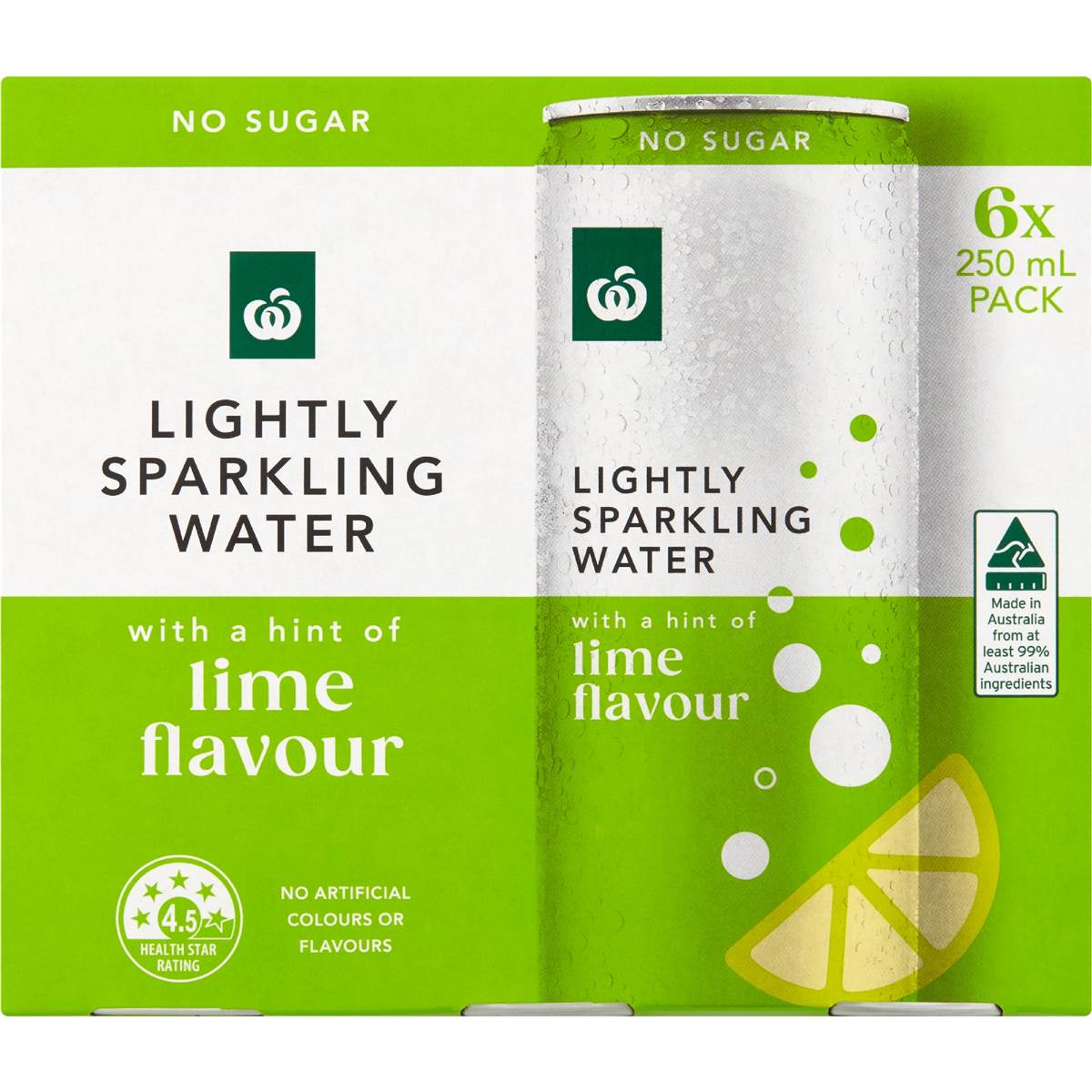 Woolworths Lightly Sparkling Water Cans Lime 250mL x 6 pack