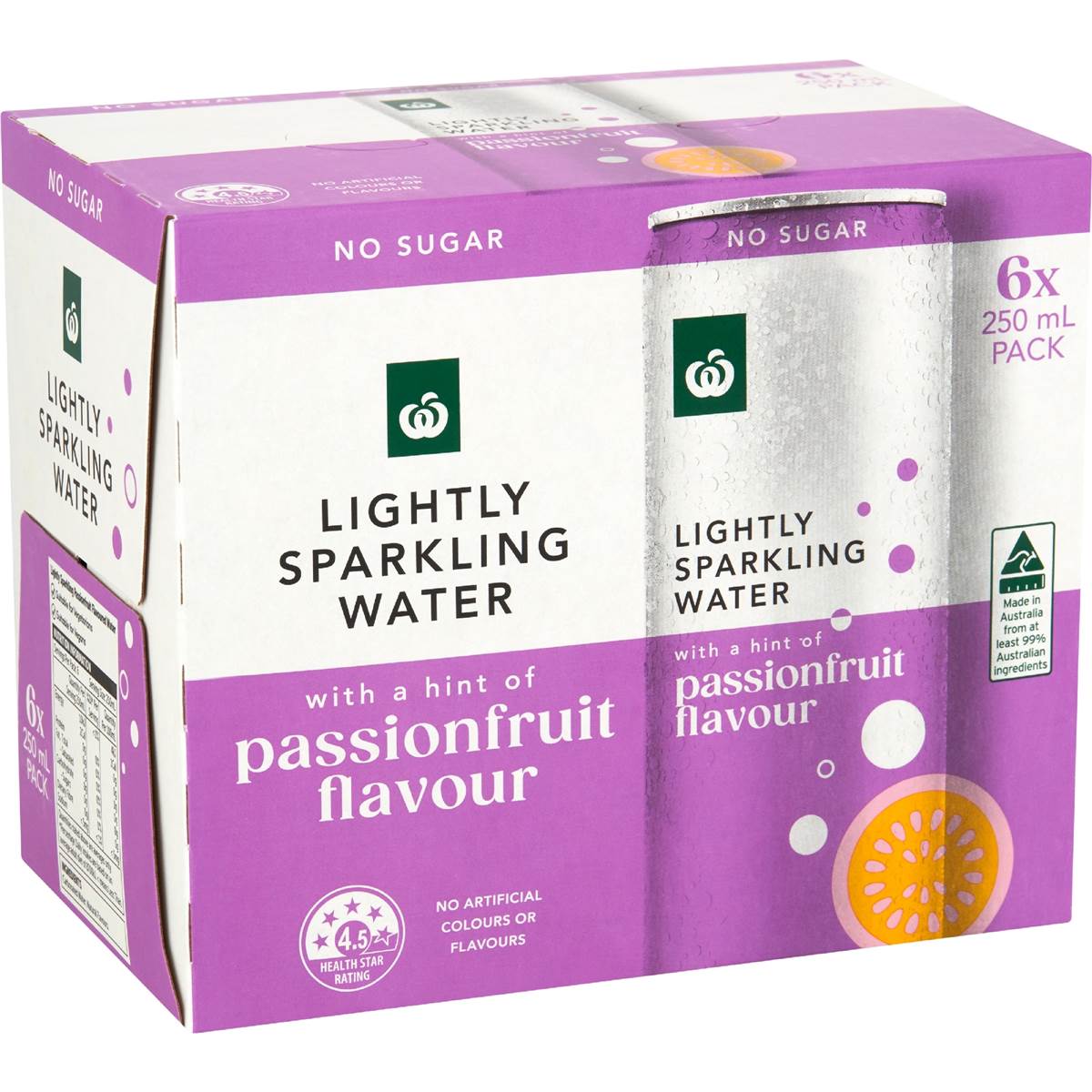 Woolworths Lightly Sparkling Water Cans Passionfruit 250mL x 6 pack