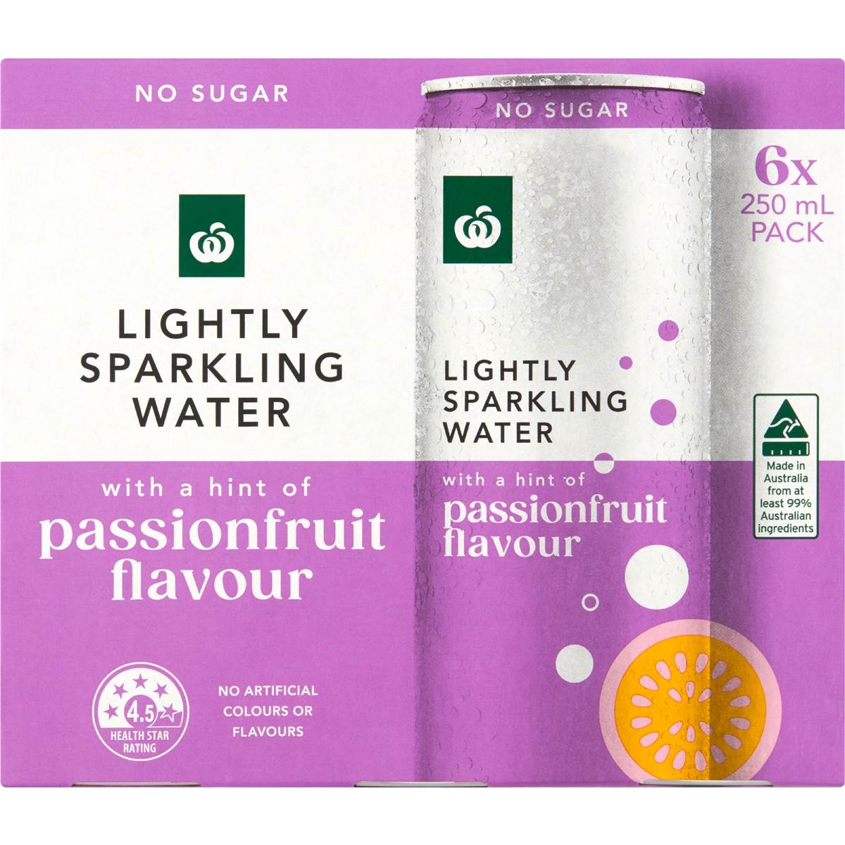 Woolworths Lightly Sparkling Water Cans Passionfruit 250mL x 6 pack