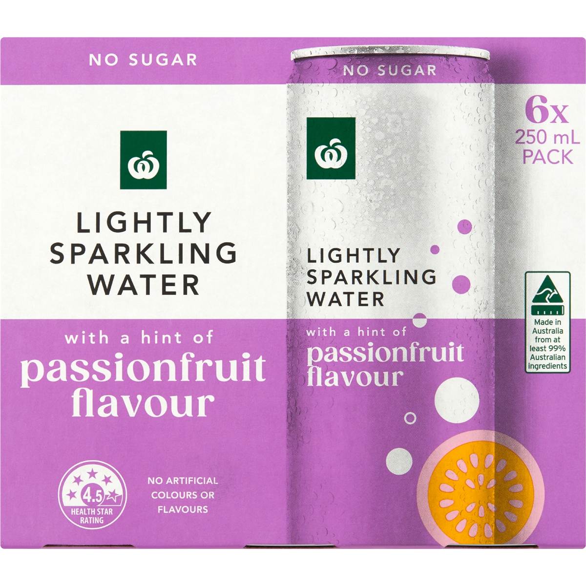 Woolworths Lightly Sparkling Water Cans Passionfruit 250mL x 6 pack