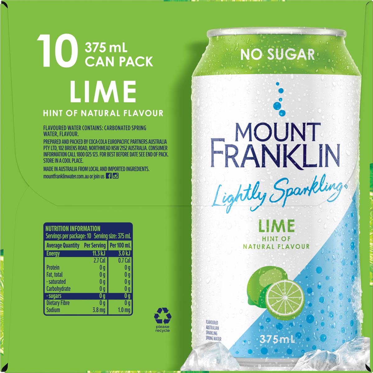 Mount Franklin Lightly Sparkling Water Lime Multipack Cans 375ml x10 Pack
