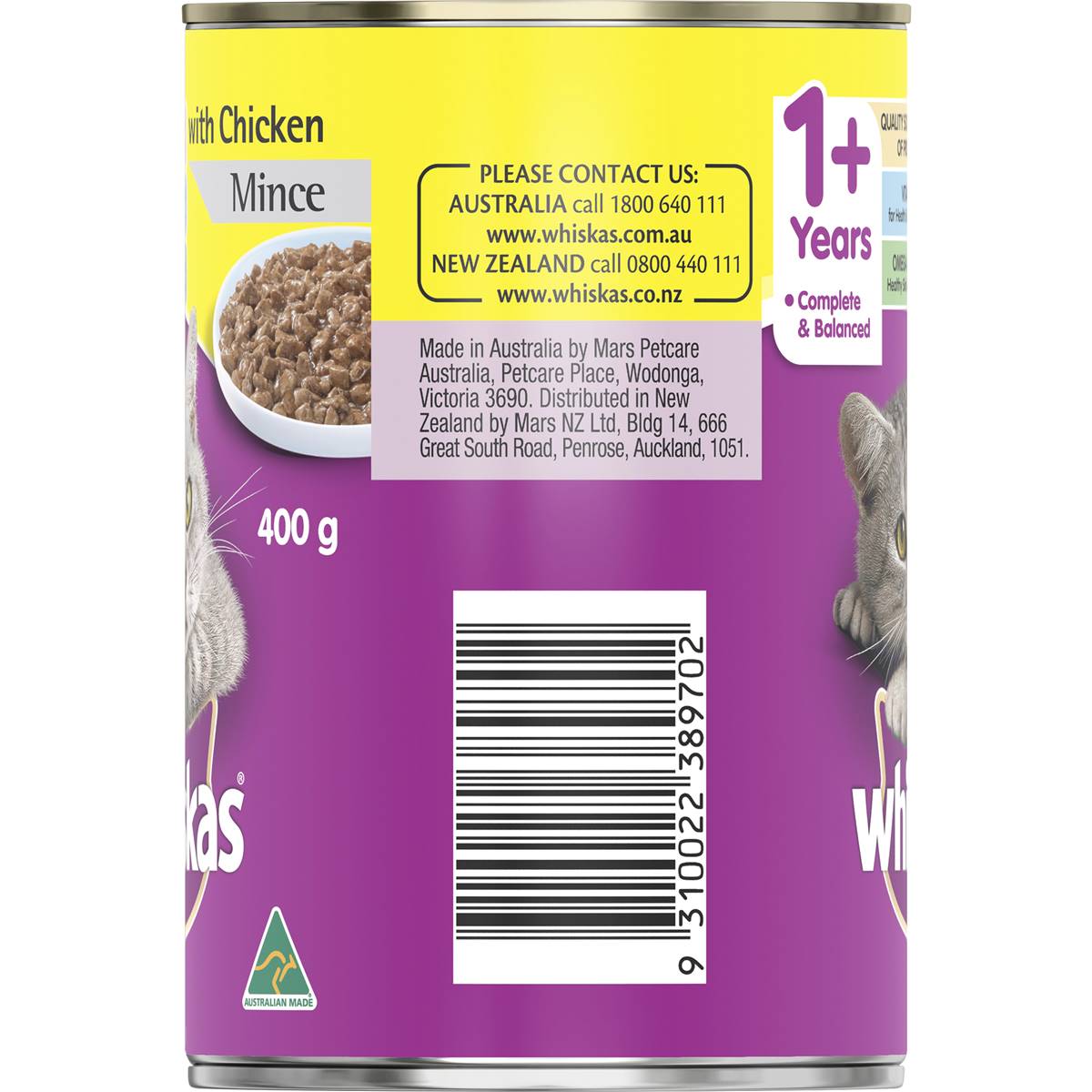 Whiskas Adult 1+ Years Wet Cat Food with Chicken Mince Can 400g