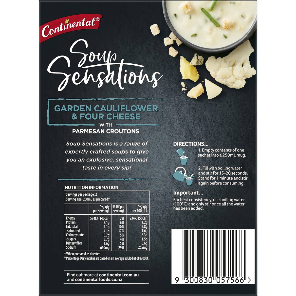 Continental Soup Sensations Garden Cauliflower & Four Cheese 31g x 2 pack