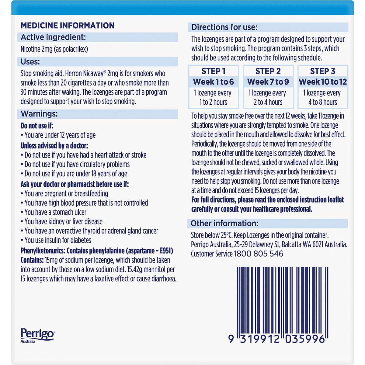 Nicaway Nicotine Lozenges 2mg Regular Strength Mint 132 pack