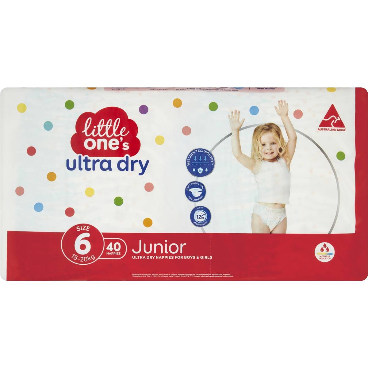 Little One's Size 6 Ultra Dry Nappies Junior 15-25kg Boys & Girls 40 Pack