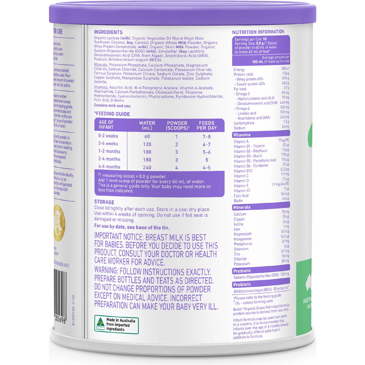 Bubs Organic Grass Fed Infant Formula Stage 1 800g