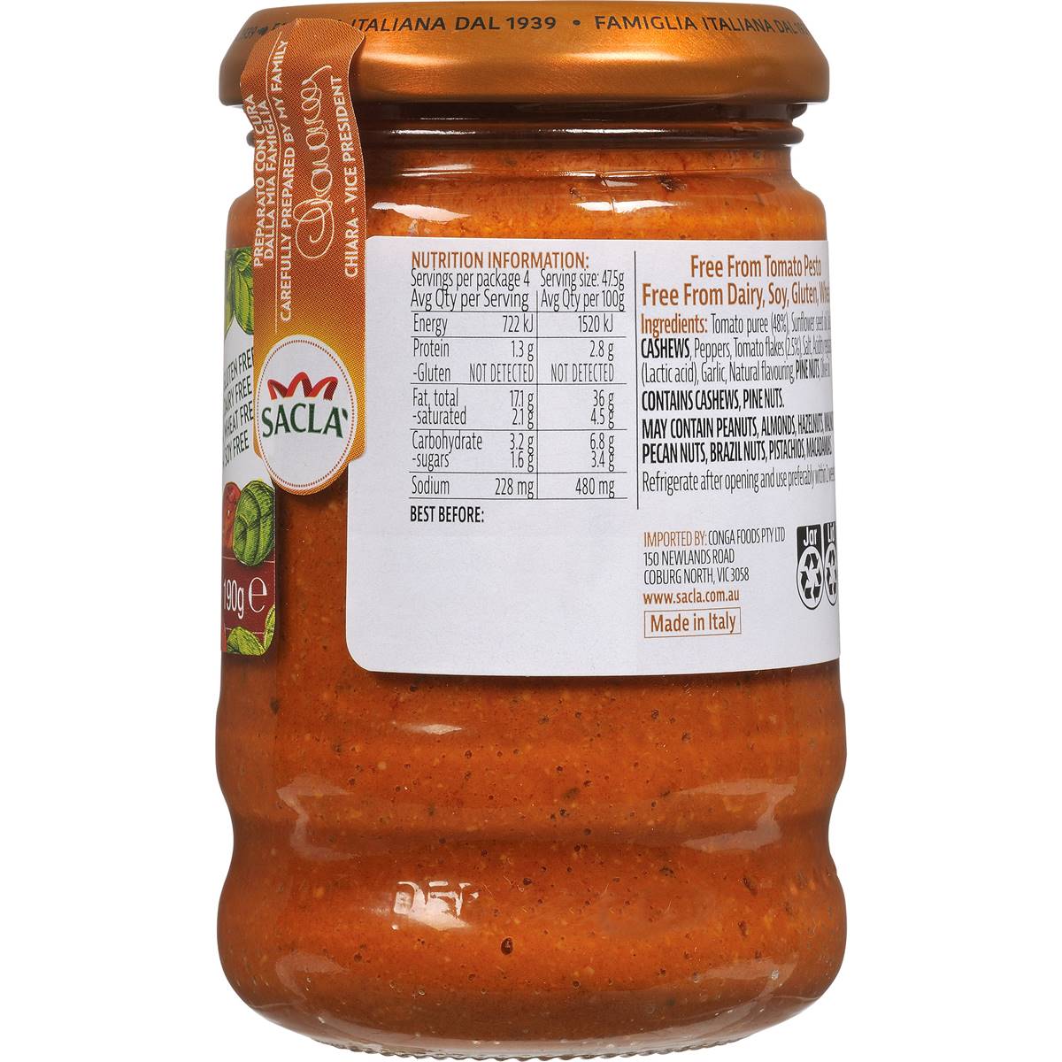 Sacla Tomato Pesto Free From 190g