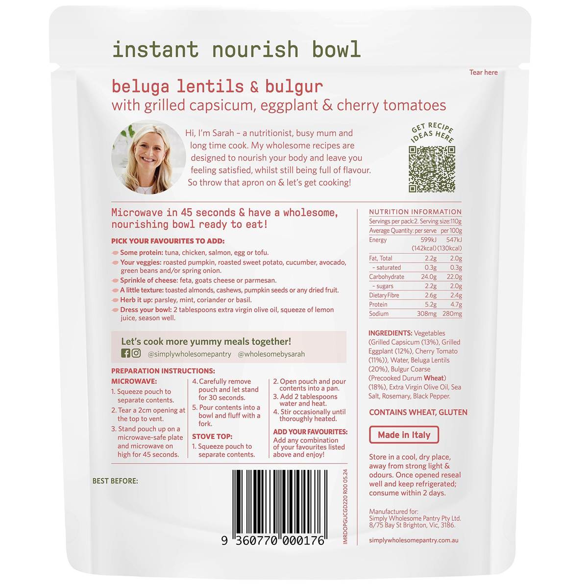 Simply Wholesome Pantry Instant Nourish Bowl Beluga Lentils & Bulgur 220g