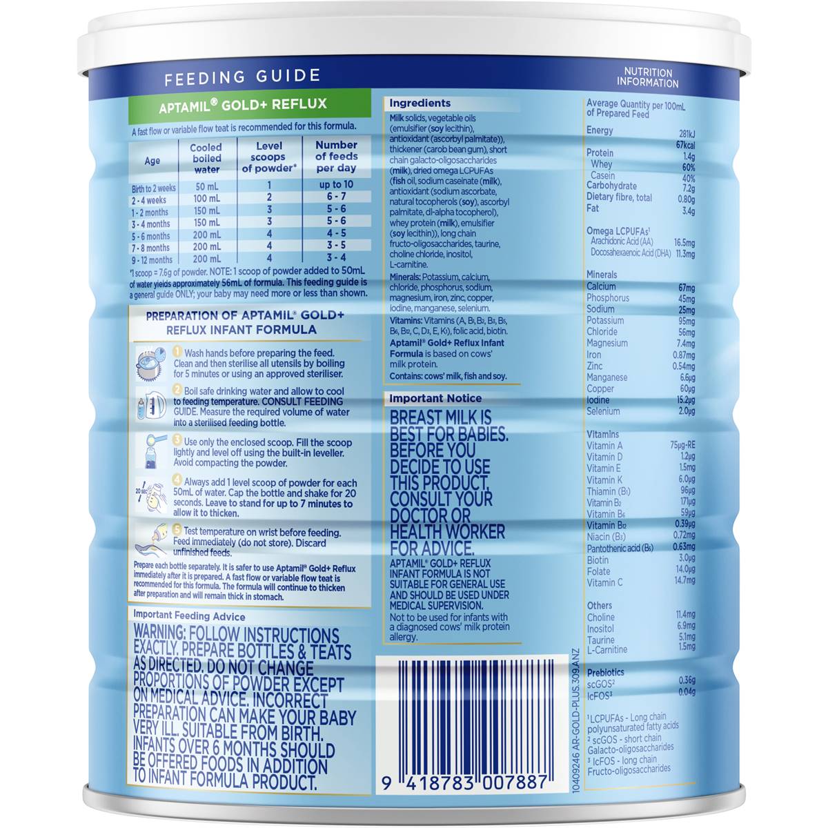Aptamil Gold+ Reflux Baby Infant Formula From 0-12 Months 900g