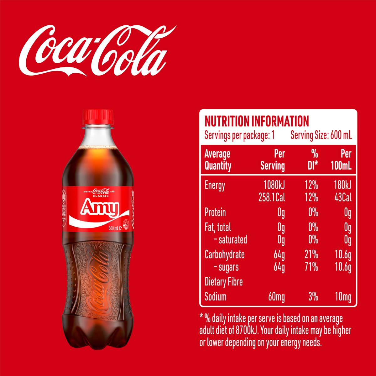 Coca-Cola Classic Soft Drink Bottle 600ml