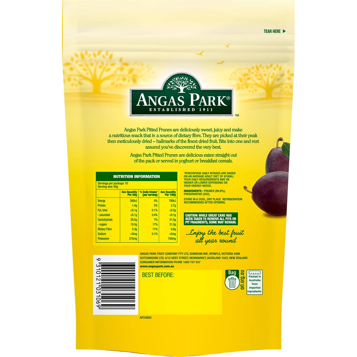 Angas Park Prunes Pitted Resealable 500g