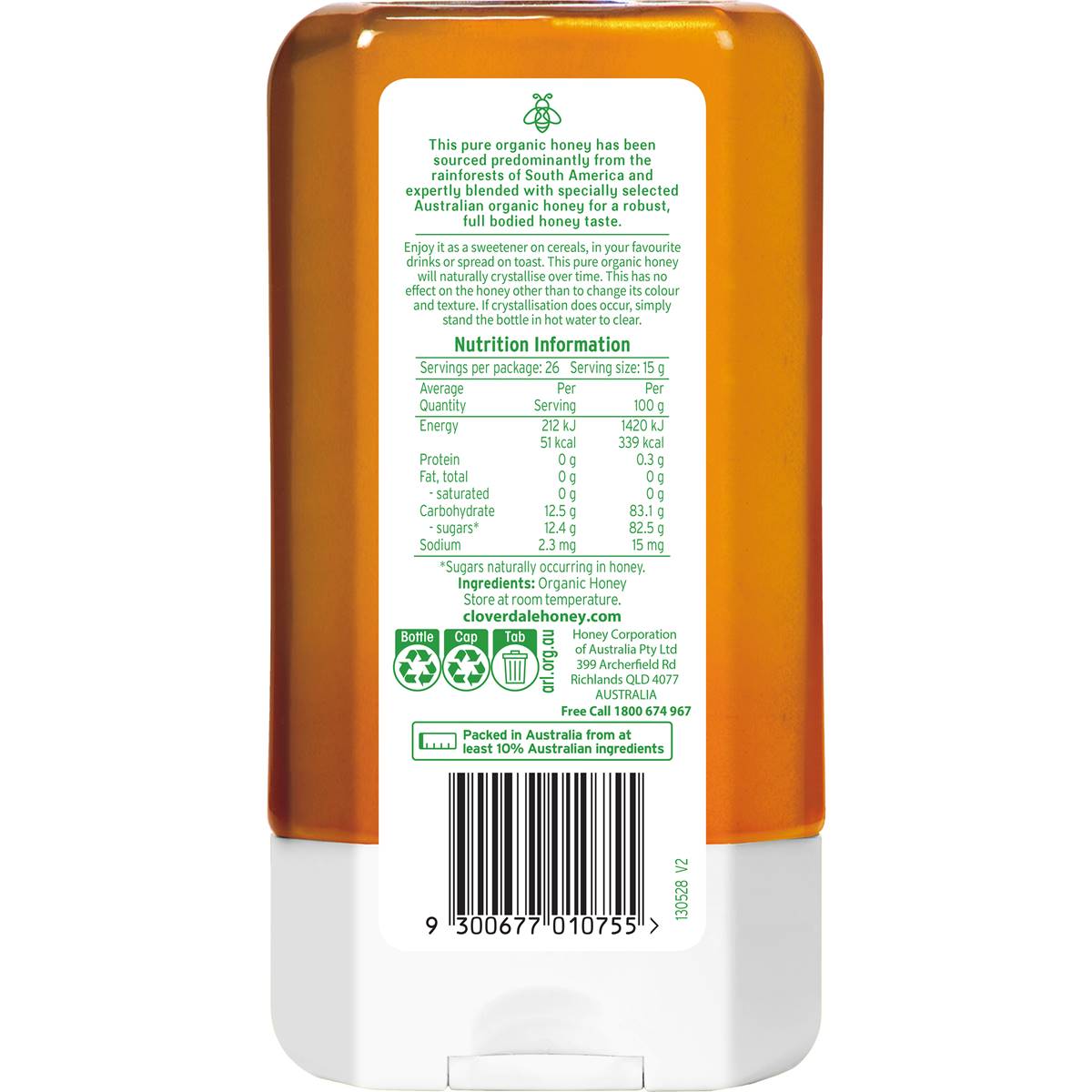 Cloverdale Pure Organic Honey Squeeze 400g