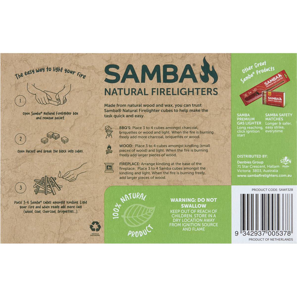 Samba Natural Wooden Firelighters 32 Pack