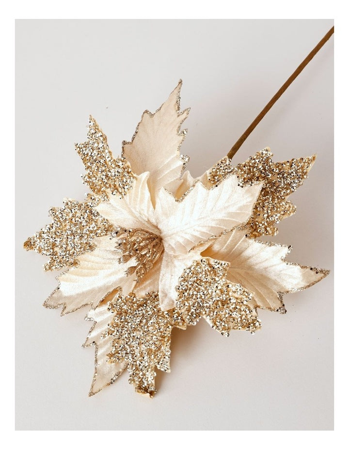Luxe Christmas Glitter Fabric Poinsettia Pick 50cm in Champagne