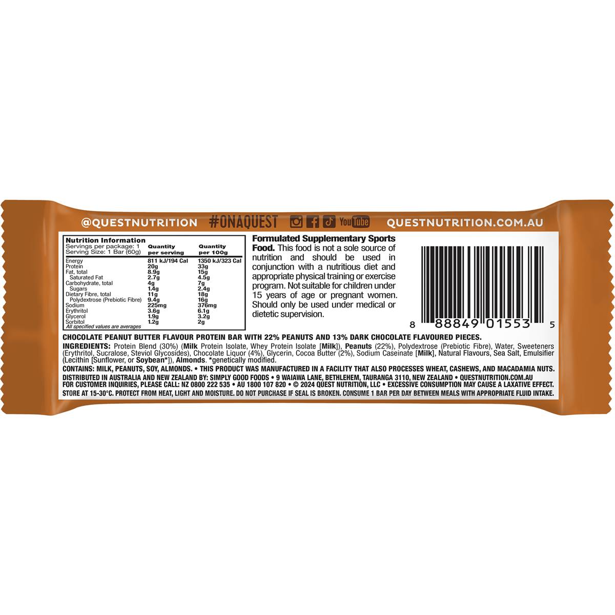 Quest Protein Bar Chocolate Peanut Butter 60g