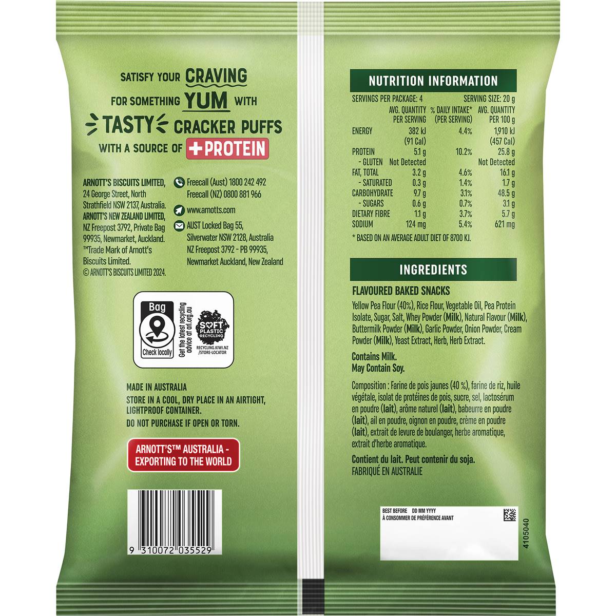 Arnotts Snack Right + Protein Cracker Puffs Sour Cream & Chives 80g