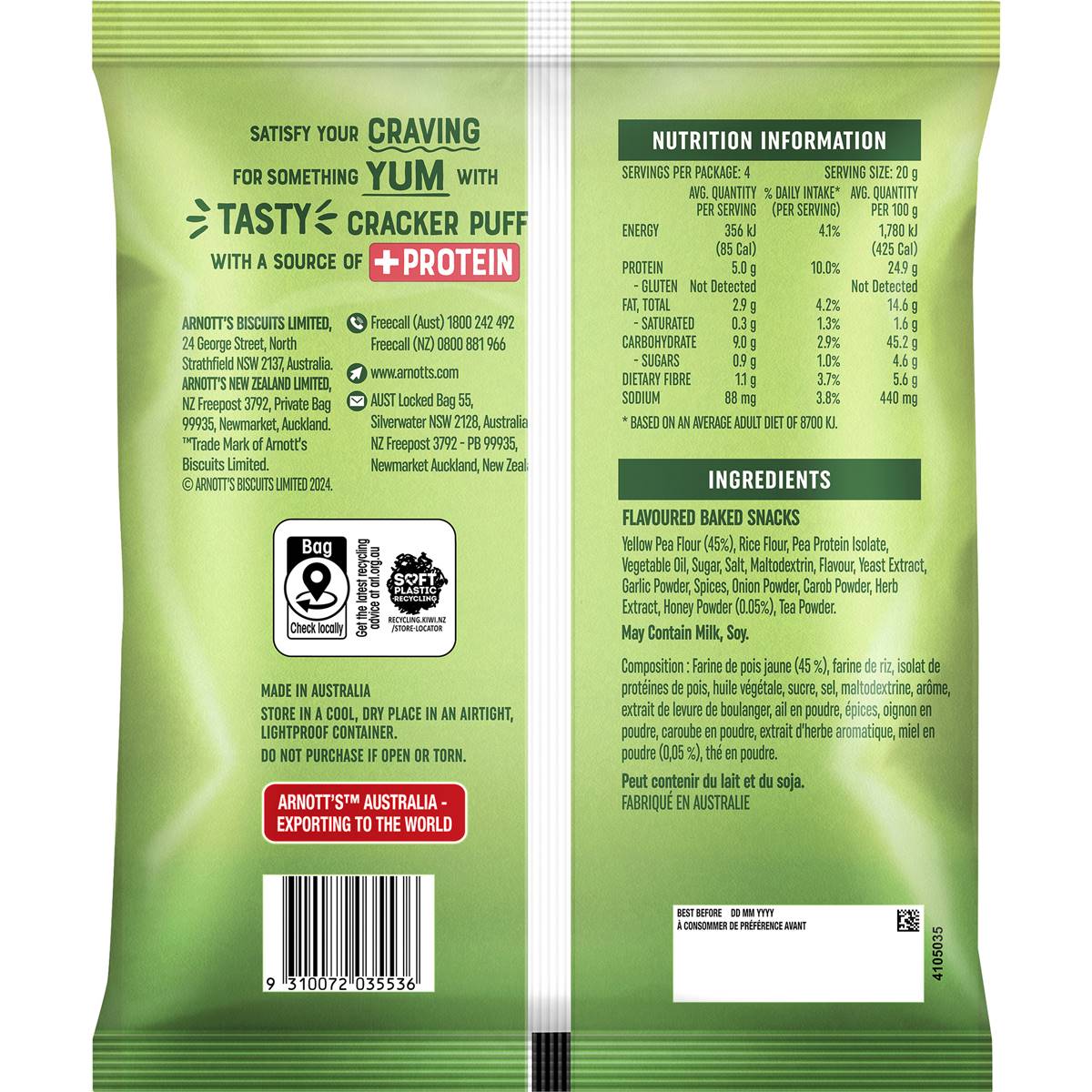 Arnotts Snack Right Cracker Puffs Honey BBQ 80g