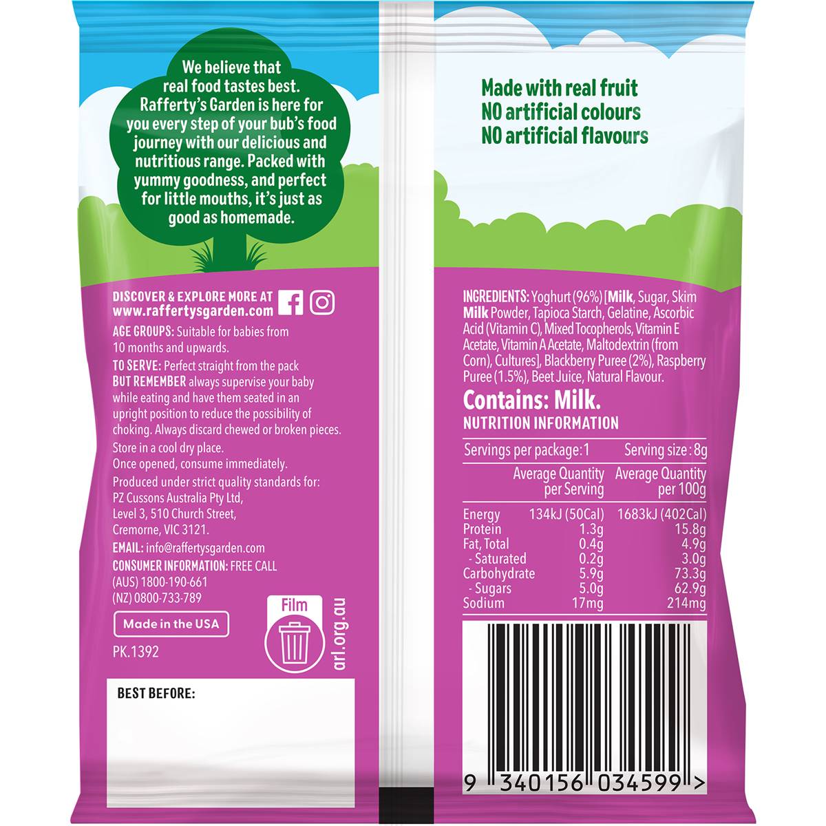 Rafferty's Garden Mini Yoghurt Drops Raspberry & Blackberry 8g