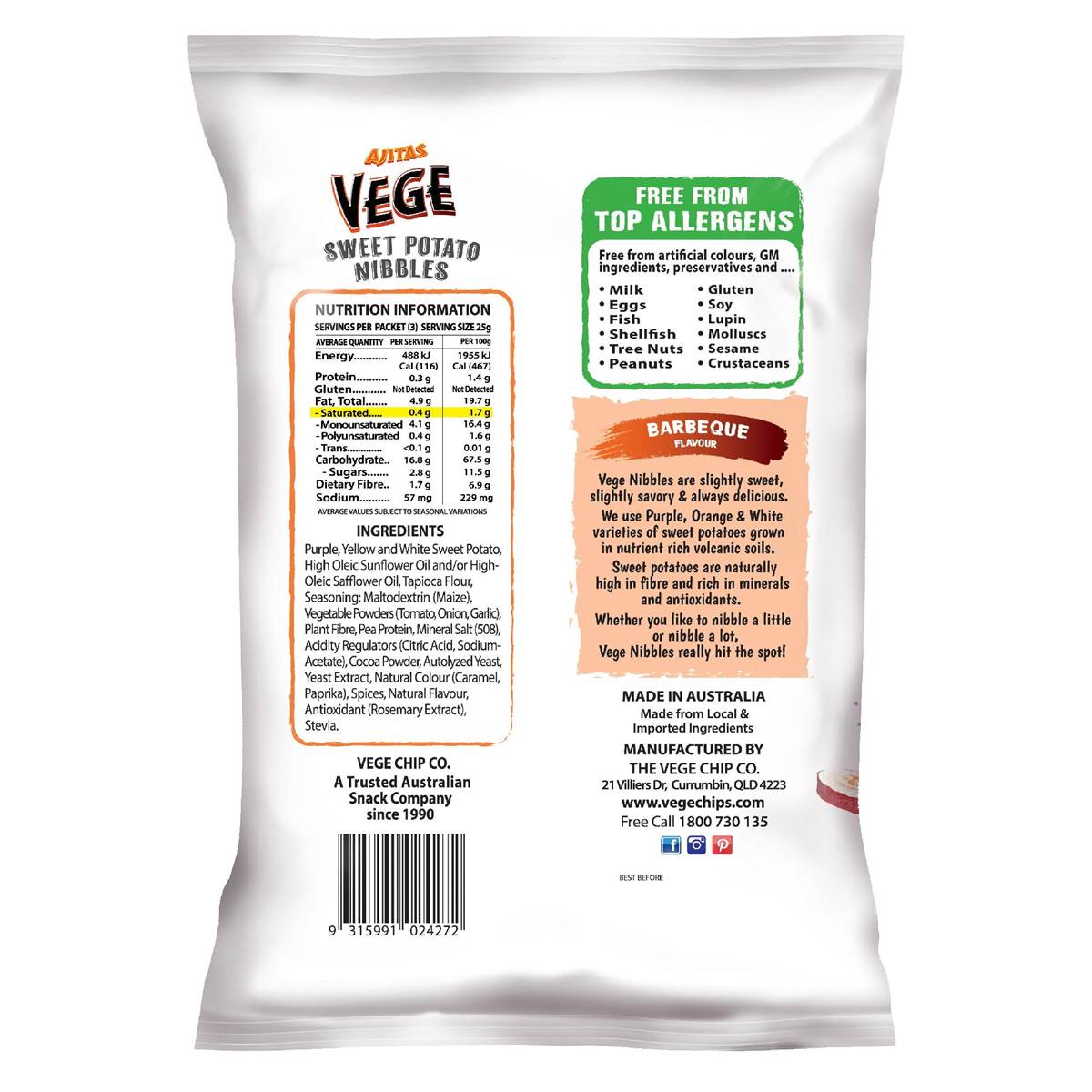 Vege Chips Sweet Potato Nibbles Barbeque Flavour 75g