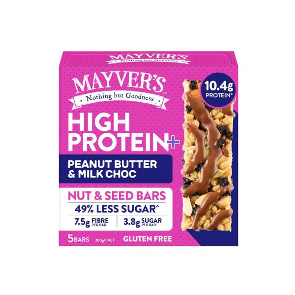 MAYVER'S PROTEIN+ BARS:PEANUT BUTTER MILK CHOC NUTS & SEEDS BARS 5PACK:200 GRAM