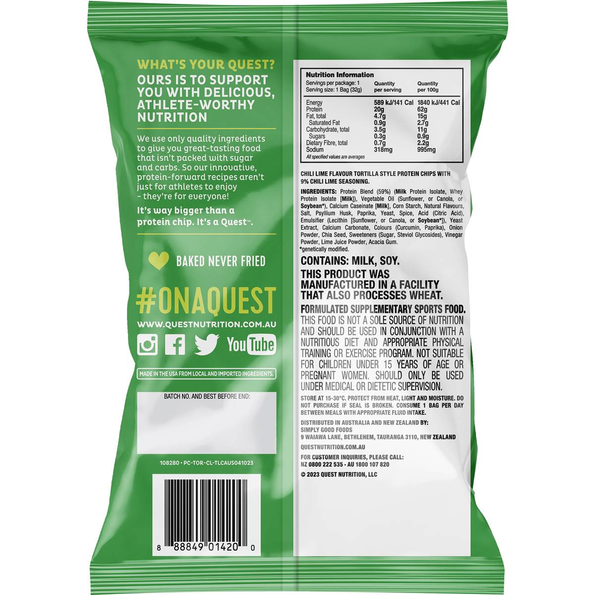 Quest Protein Chips Tortilla Style Chili Lime Flavour 32g