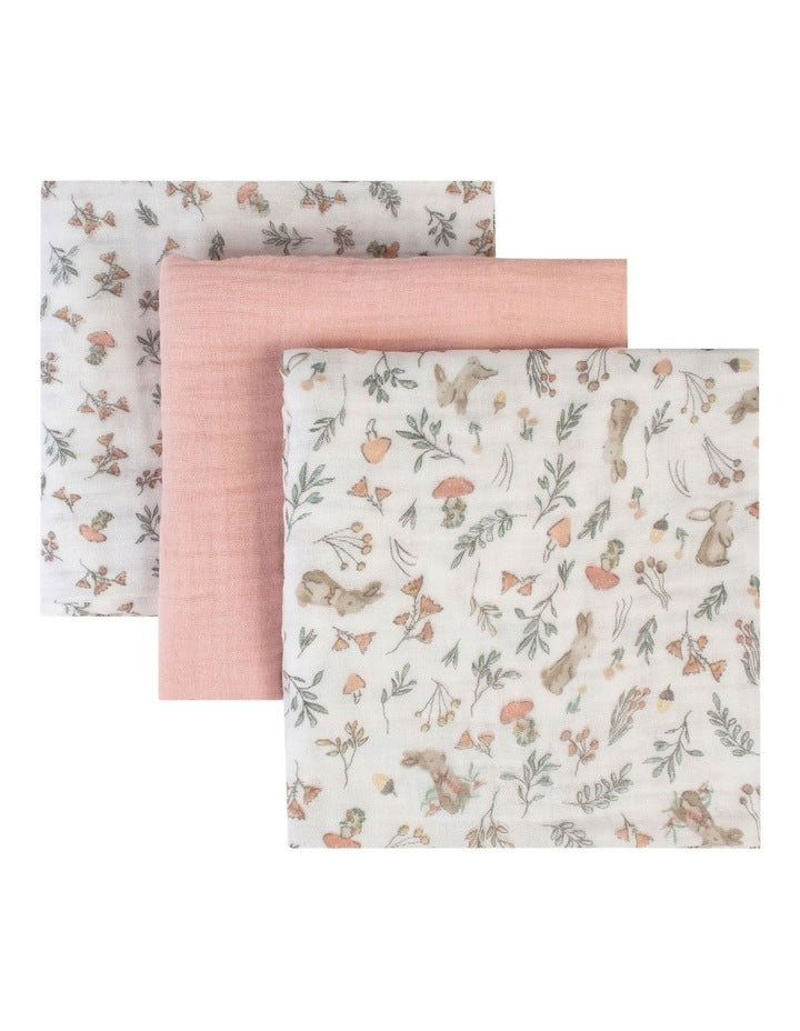 Harvest Bunny Muslin Wrap 3 Pack in Dusty Pink